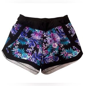 Lands’ End Black Purple Blue Floral Tropical Swim Shirt Built In Briefs Sz 8